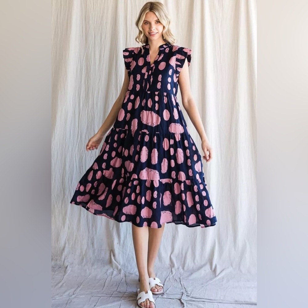 #56 Navy and Pink Polka Tiered Midi Dress